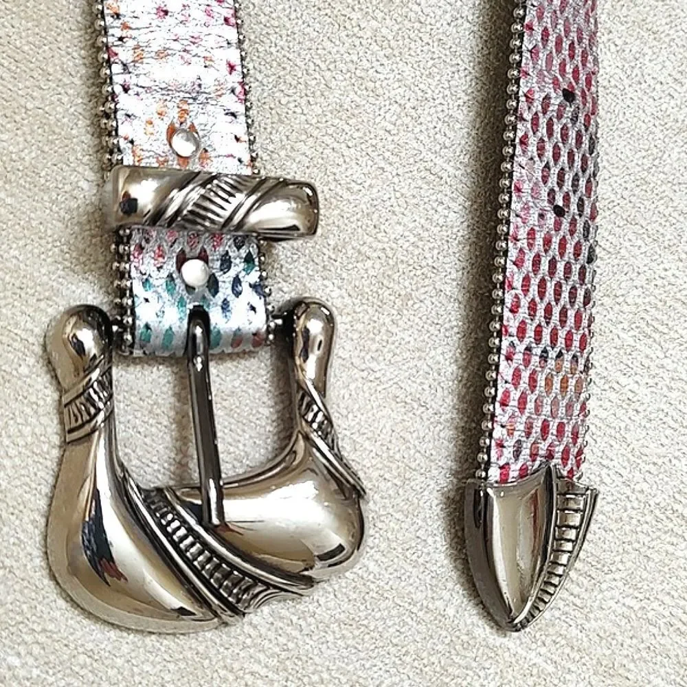 Sky Vintage Metallic Multi Colored Leather Belt Silver Buckle and Tip